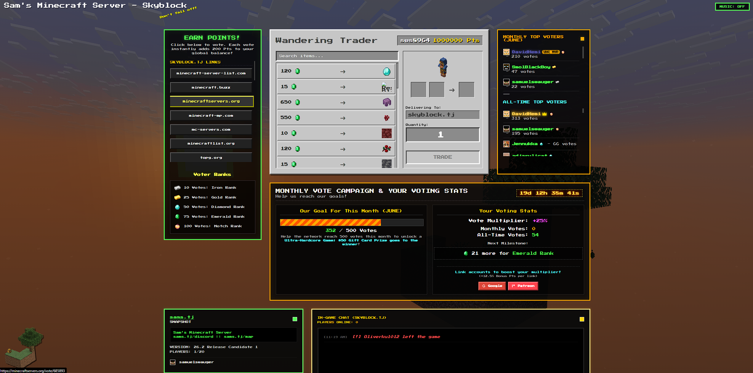 Pic of the vote store specifically for skyblock.tj; the list of obtainable items is different on sams.tj and hardcore.tj